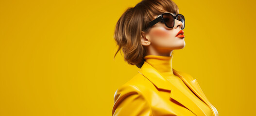 portrait of a fashion woman model wearing sunglasses and yellow jacket.  Image generative AI.