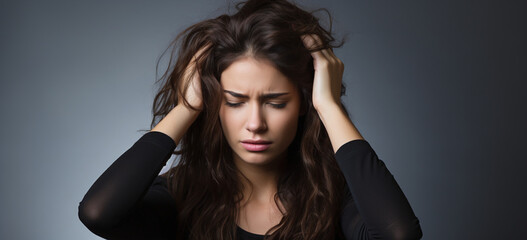 Brunette long hair woman with headache or under stress isolatred on dark background. Image generative AI.