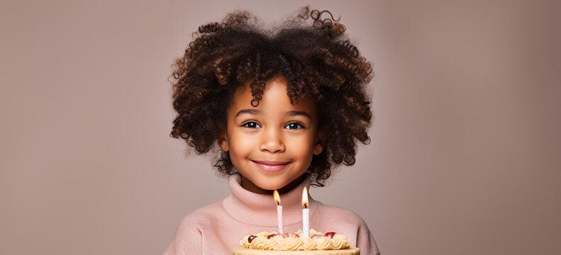 child with birthday cake on flat color background. Image generative AI.