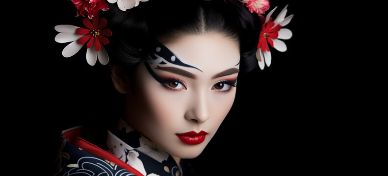 Fashion portrait of a japanese geisha woman with flowers on her hair. Image generative AI.