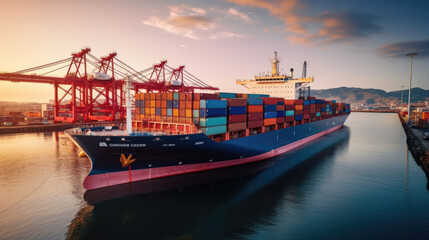 Aerial side view of cargo ship carrying container and running for export goods from cargo yard port to custom ocean concept technology transportation , customs clearance