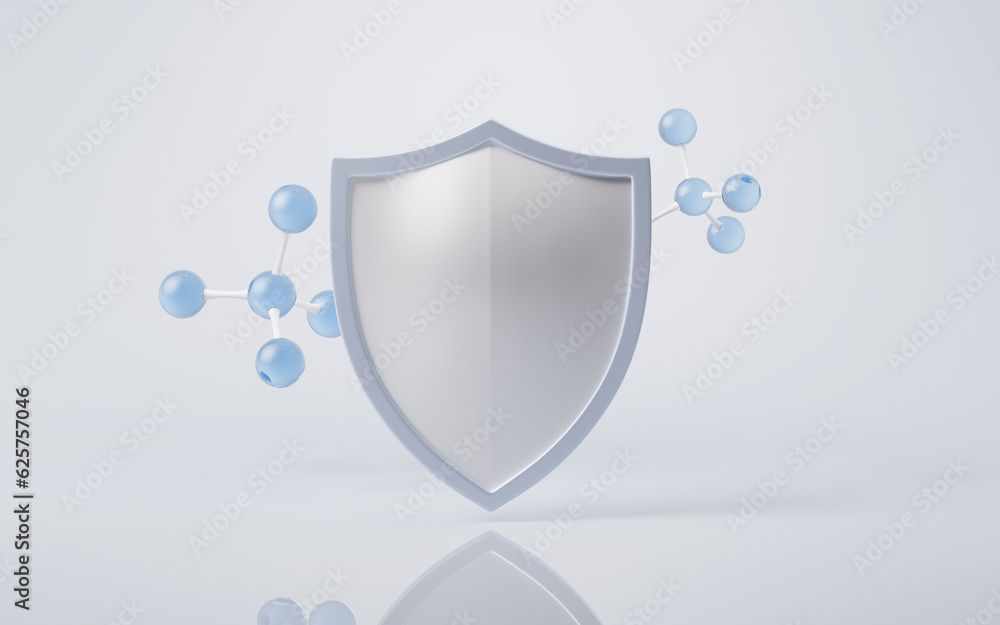 Poster shield and molecules, 3d rendering.