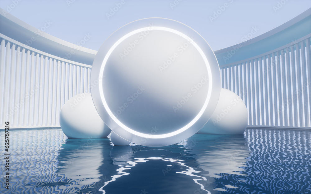 Poster water surface with round geometry background, 3d rendering.