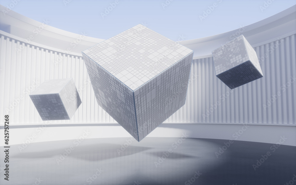 Poster cubes in a round room, 3d rendering.