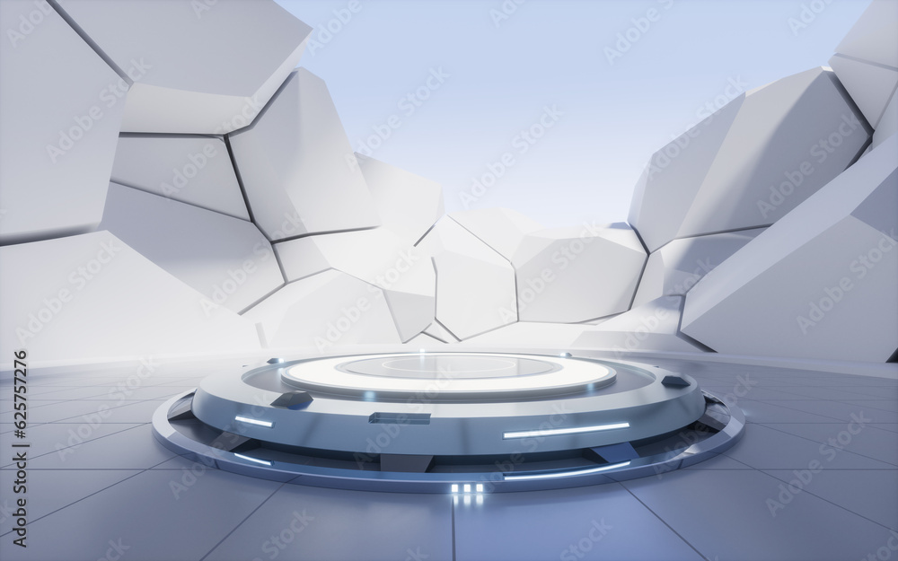 Poster empty ground with creative geometry background, 3d rendering.