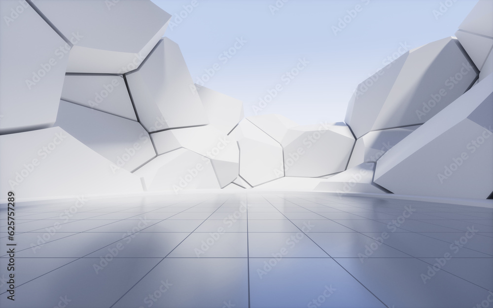 Poster empty ground with creative geometry background, 3d rendering.