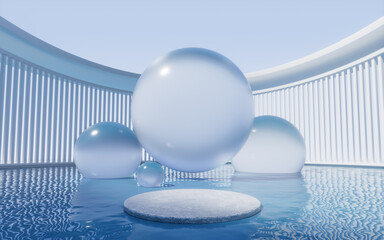 Empty stage with glass balls background, 3d rendering.