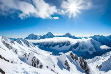 Photo sur Plexiglas Alpes A majestic view of snow-covered mountain peaks rising above the clouds. The stark contrast between the white snow, blue sky, and rugged terrain creates a striking backdrop. generated by AI tools