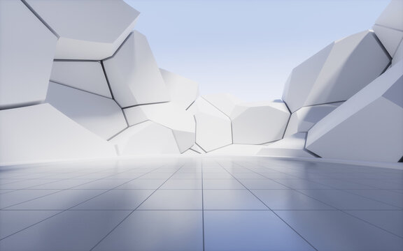 Empty ground with creative geometry background, 3d rendering.
