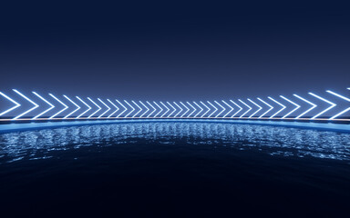 Glowing neon lines with water surface background, 3d rendering.