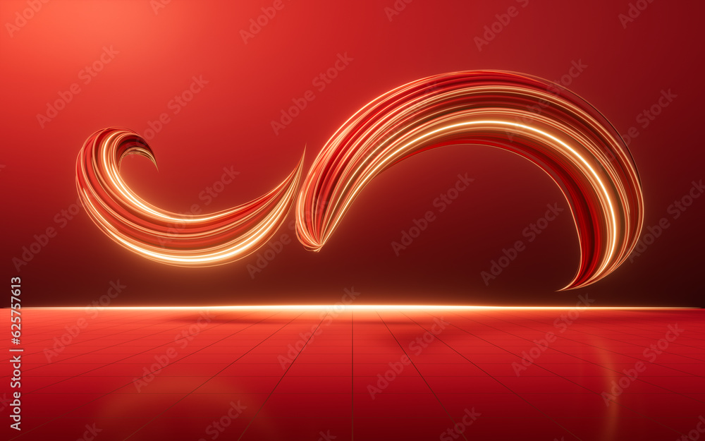 Poster flowing red geometry lines with ground, 3d rendering.