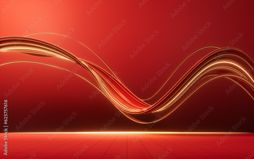 Poster flowing red geometry lines with ground, 3d rendering.