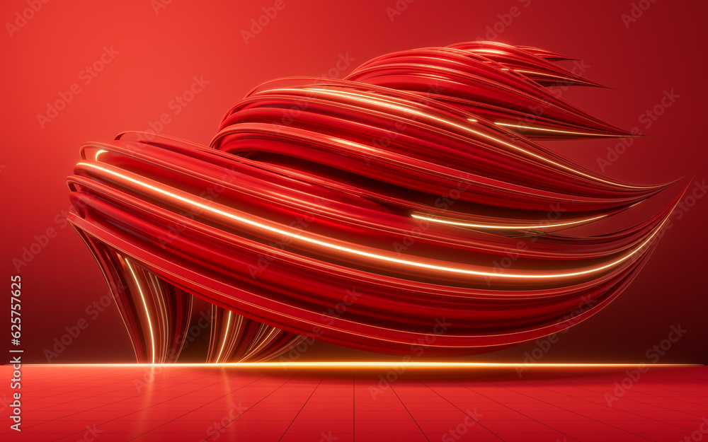 Aufkleber flowing red geometry lines with ground, 3d rendering.