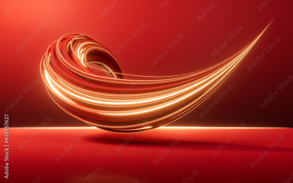 Poster flowing red geometry lines with ground, 3d rendering.