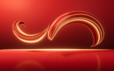 Flowing red geometry lines with ground, 3d rendering.
