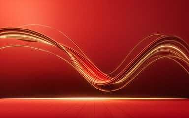 Flowing red geometry lines with ground, 3d rendering.
