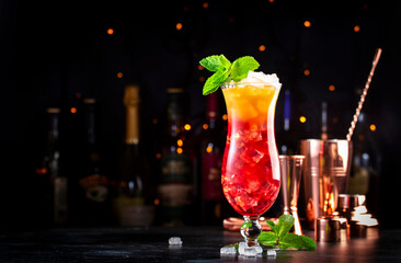 Aruba Ariba alcoholic cocktail drink with vodka, white rum, orange, lemon and pineapple juice,...
