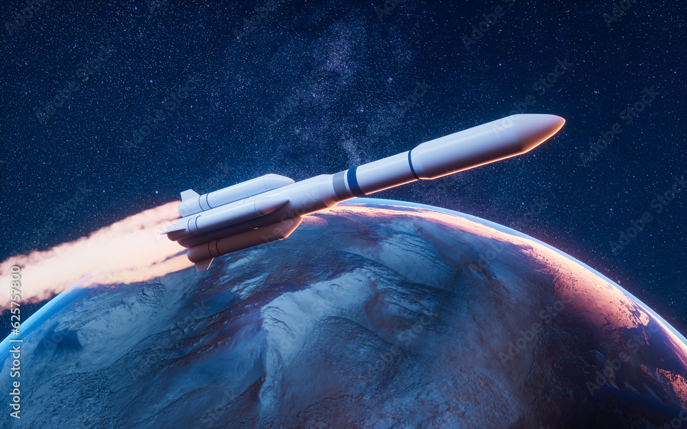 Poster rocket in the outer space, 3d rendering.