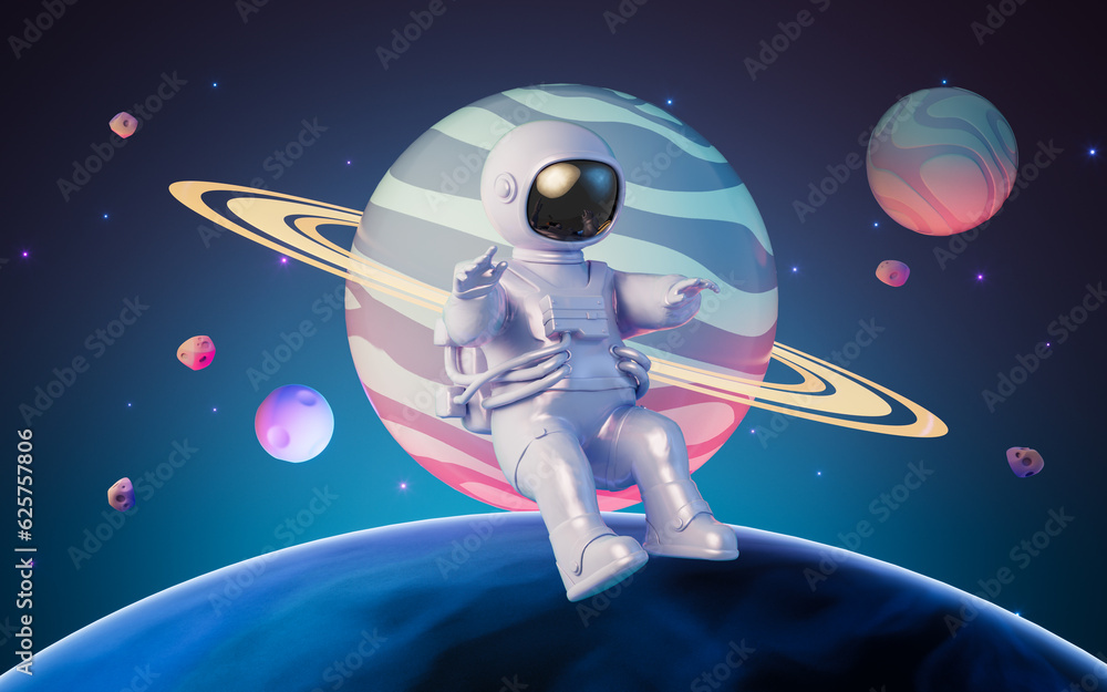 Poster cartoon spaceman with outer space background, 3d rendering.