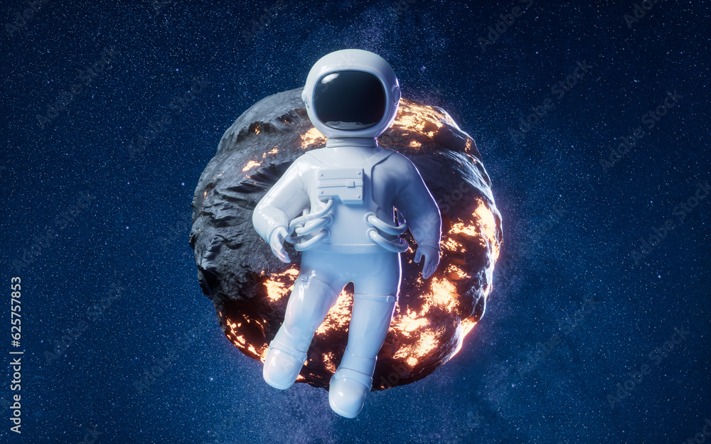 Poster cartoon spaceman with outer space background, 3d rendering.