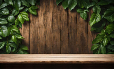 Empty Old Wooden Table or Counter with Green Leaves Background. For Display your product's Generative AI
