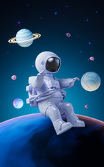 Cartoon spaceman with outer space background, 3d rendering.