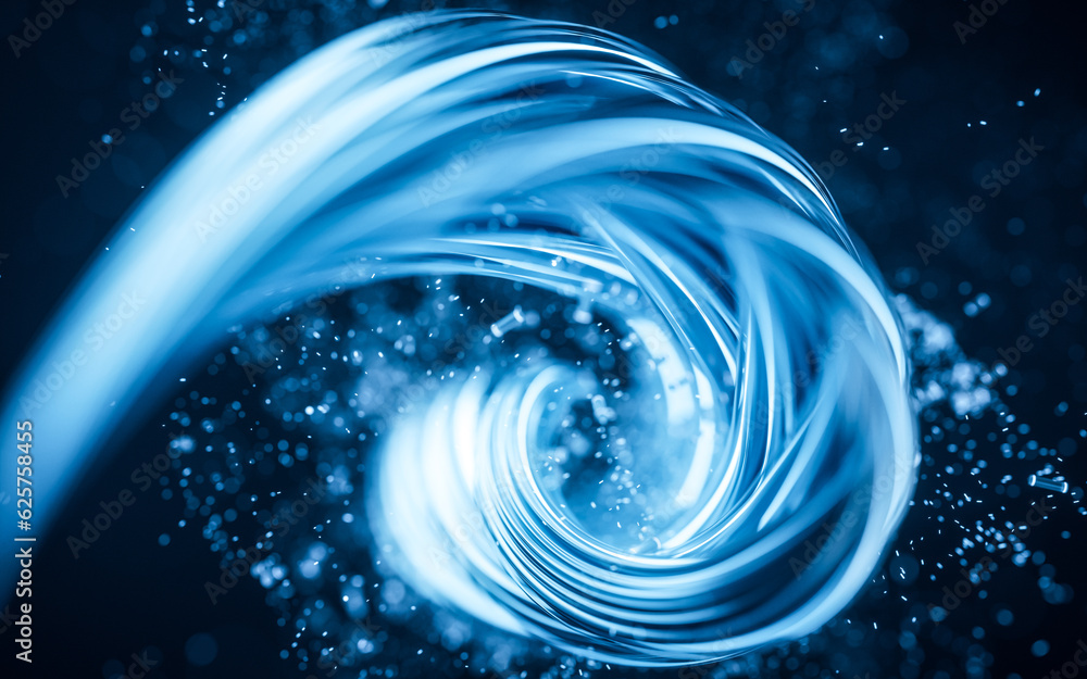 Poster flowing curve and particles background, 3d rendering.