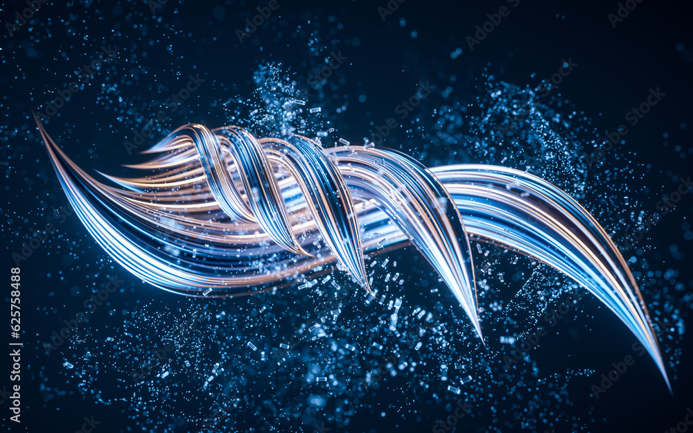 Poster flowing curve and particles background, 3d rendering.