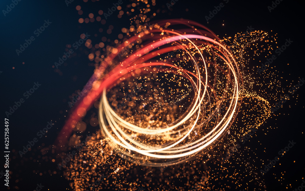 Poster flowing curve and particles background, 3d rendering.