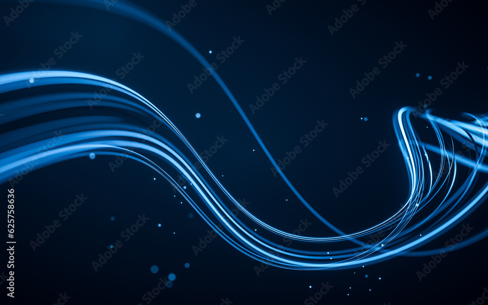 Poster flowing curve and particles background, 3d rendering.