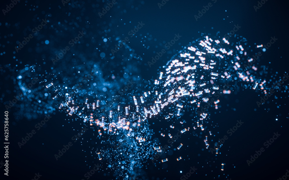 Poster flowing curve and particles background, 3d rendering.