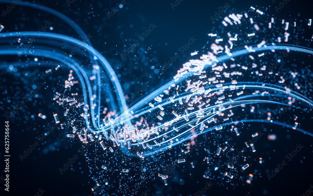 Poster flowing curve and particles background, 3d rendering.