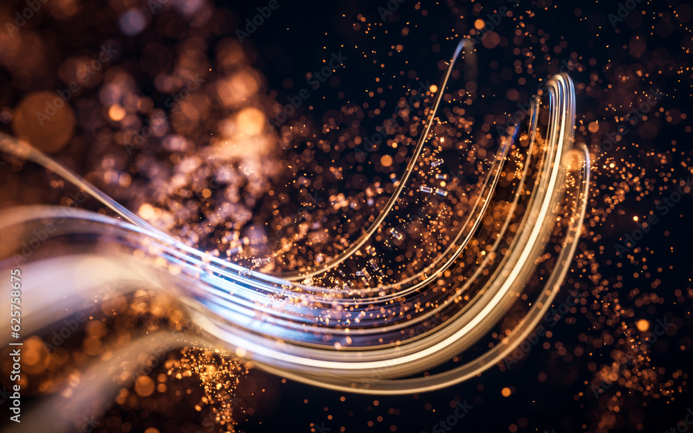 Poster flowing curve and particles background, 3d rendering.