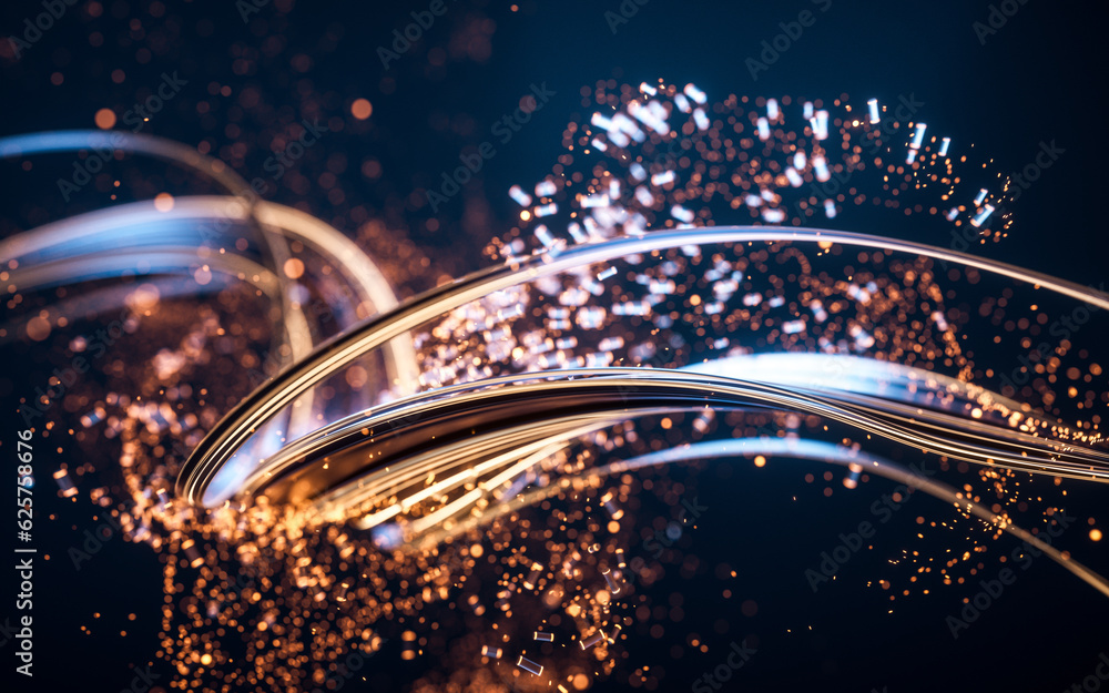 Poster flowing curve and particles background, 3d rendering.