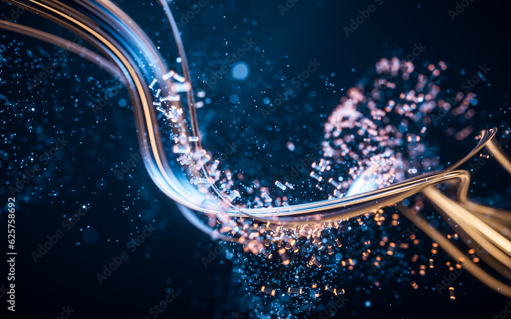 Poster flowing curve and particles background, 3d rendering.