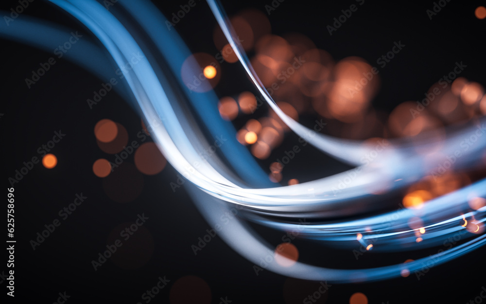 Poster flowing curve and particles background, 3d rendering.