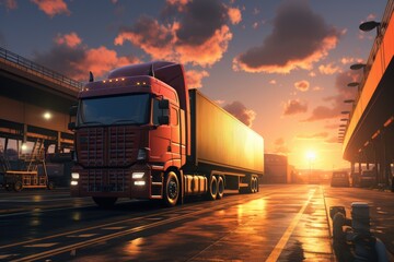 Business logistics and transportation concept of a container cargo truck and cargo with a working crane bridge in a shipyard and a sunset in the background. Generative AI