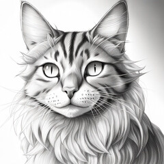 Black and White Drawing of a cute Cat. Cat head isolated on white background. Pencil, ink hand drawn realistic portrait. Animal collection. Good for print T-shirt, banner. Art background for design.