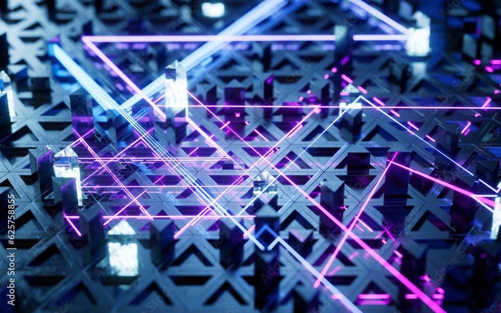 Poster digital circuit board with glowing neon lines, 3d rendering.