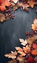 Autumn background with colorful leaves and berries on black background, AI genrative