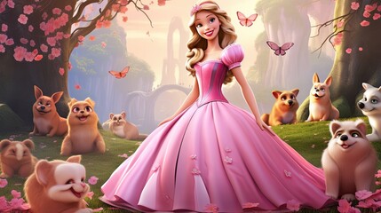 Magical cartoon princess in pink dress with glowing sparkles. An elegant and dreamy character.