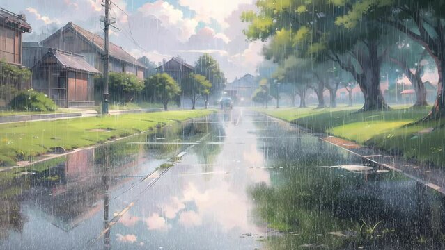 A small house in the rain, a wet road with a cloudy sky, anime background animation