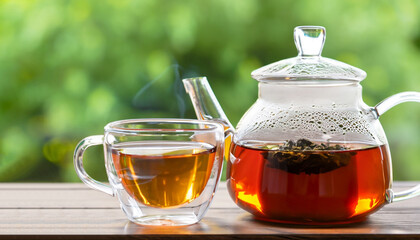 glass cup and teapot with tea on wooden table with green blurred background