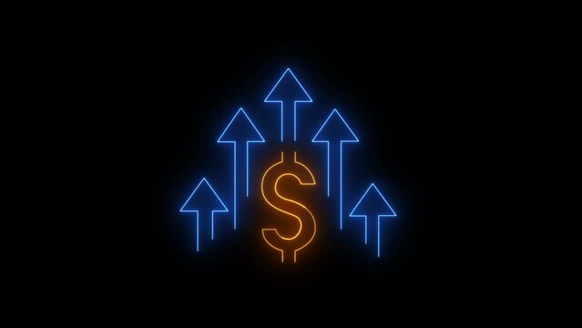 Glowing neon line of dollar sign icon and up arrow isolated on transparent background. Money, profit, investment, growth business, economy, finance and success concept. 4K motion graphic animation.