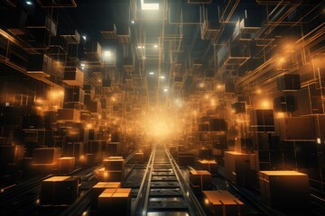 Abstract large warehouse with rows of multiple stacks of boxes and merchandise, futuristic warehouse. Generative AI