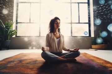 Young Latina meditates at home with laptop lesson. Photo generative AI