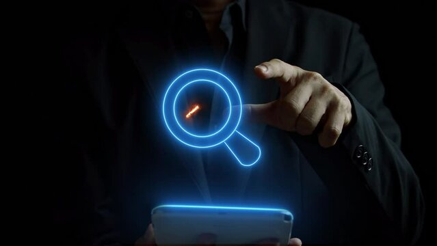 Businessman using smart phone with glowing neon line magnifying glass and up fire arrow. Money, profit, investment, growth business, economy, finance and success concept. 4K motion graphic animation.