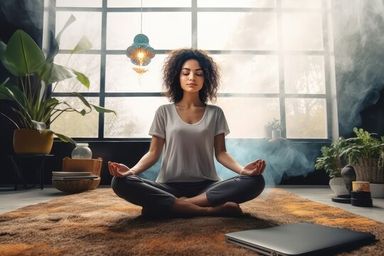 Young Latina meditates at home with laptop lesson. Photo generative AI