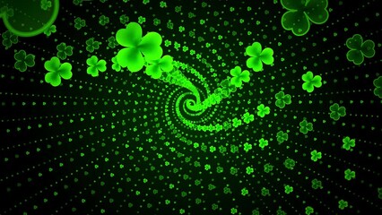 Abstract Festive Motion View Green Glowing Shiny Geometric Spiral Three Leaf Clover Shamrock Lined Pattern Rotating Background, Seamless Loop