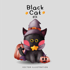 Black Cat on Halloween Night sit - Enchanting Witchcraft Watercolor Art